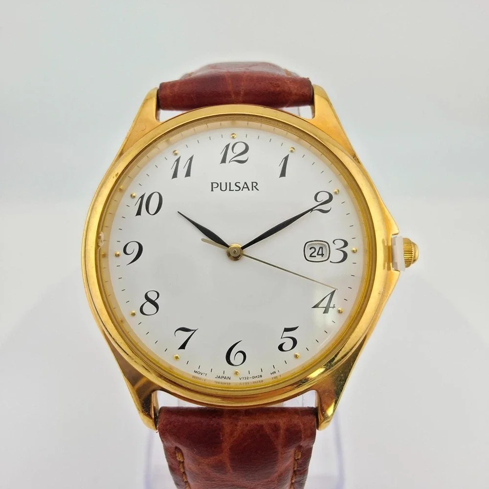 Vtg SEIKO PULSAR Watch Date Indicator Brown Croc Leather Band Gold Tone 8
